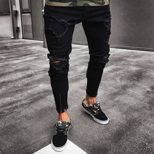 Mens Cool Designer Brand Black Jeans Skinny Ripped