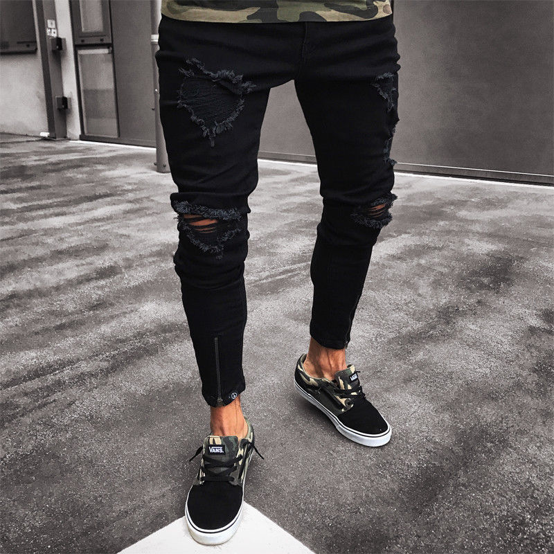 Mens Cool Designer Brand Black Jeans Skinny Ripped